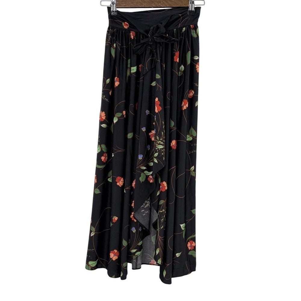 Vtg e-Stewart‎ Black Floral Print Wrap Tie Swim Skirt Sz M USA Boho Vacation